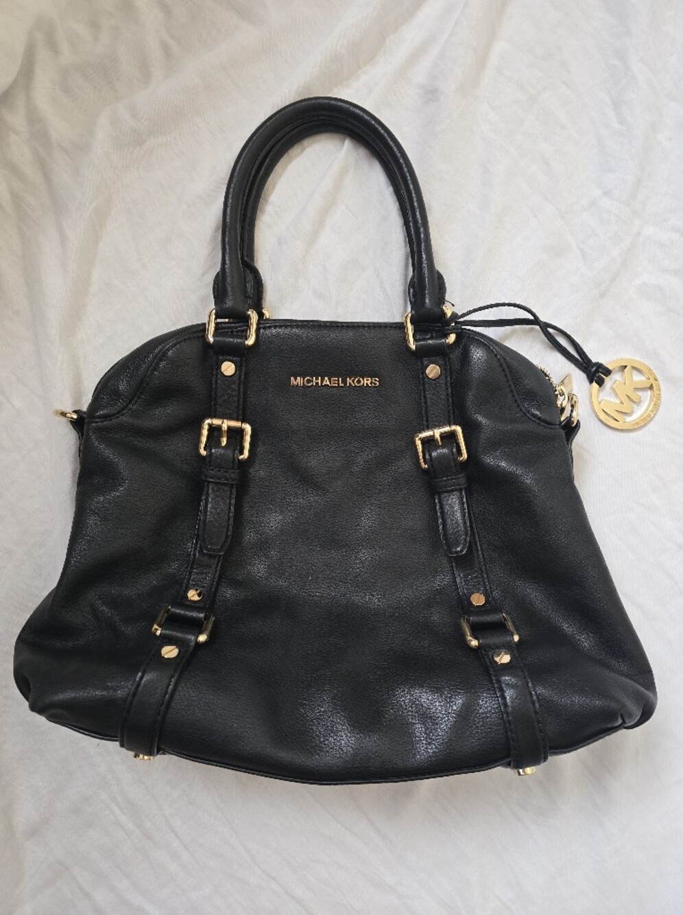 Michael Kors Black Leather Shoulder Tote with Gold Accents